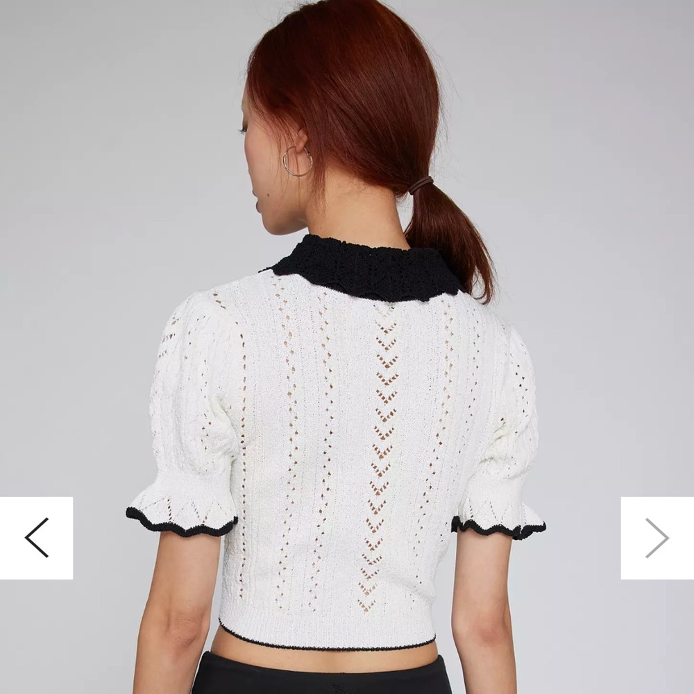 NWOT Kimchi Blue Carlie Pointelle Short Sleeve Sweater Cream Black Small - Picture 4 of 13